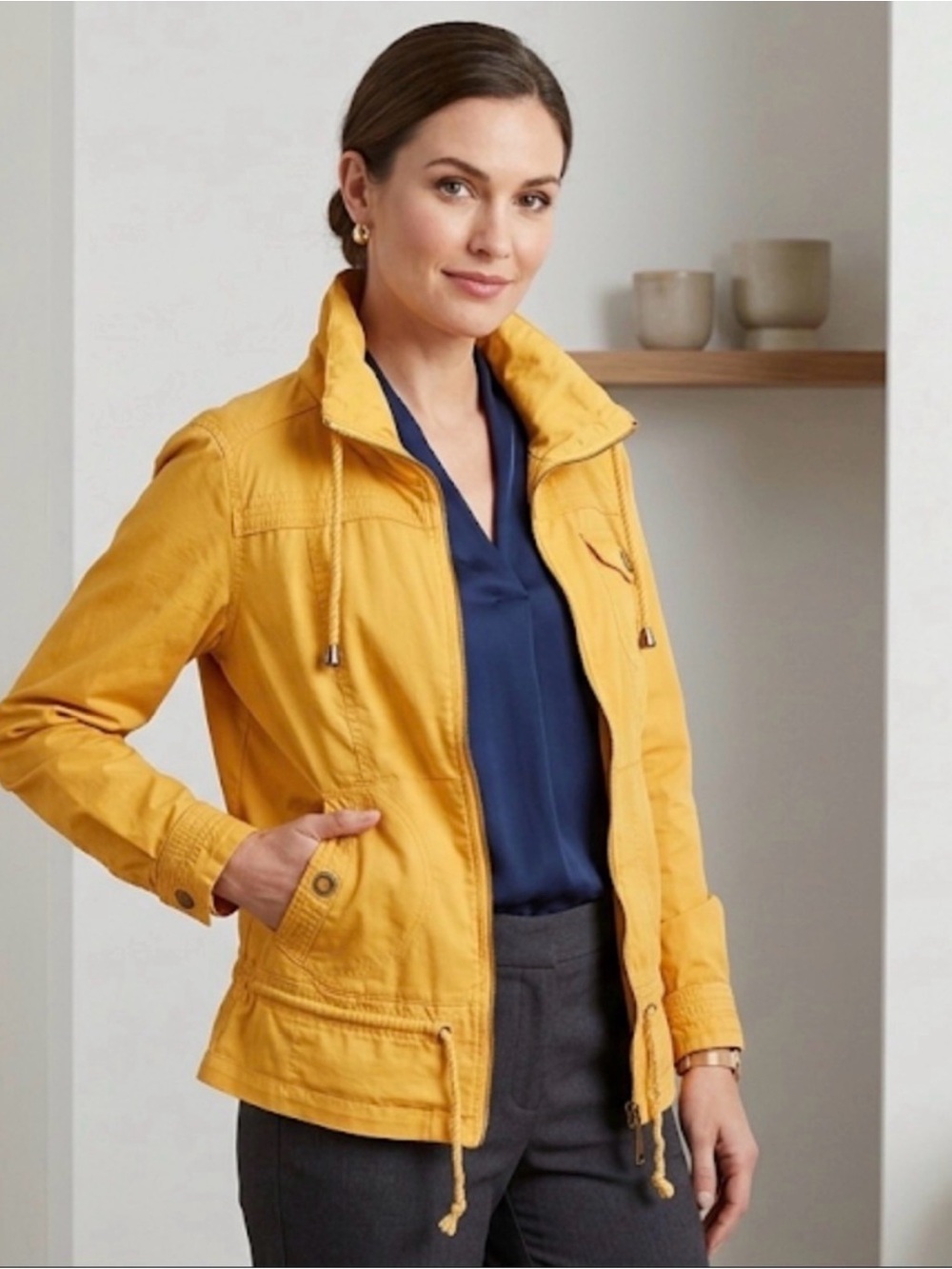 LAL Vintage Yellow Funnel Neck Utility Anorak Utility Field Jacket Womens L Zip